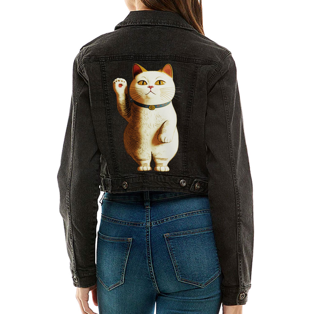 Japanese Cat Cropped Ladies' Denim Jacket - Cute Kawaii Women's Denim Jacket - Unique Denim Jacket