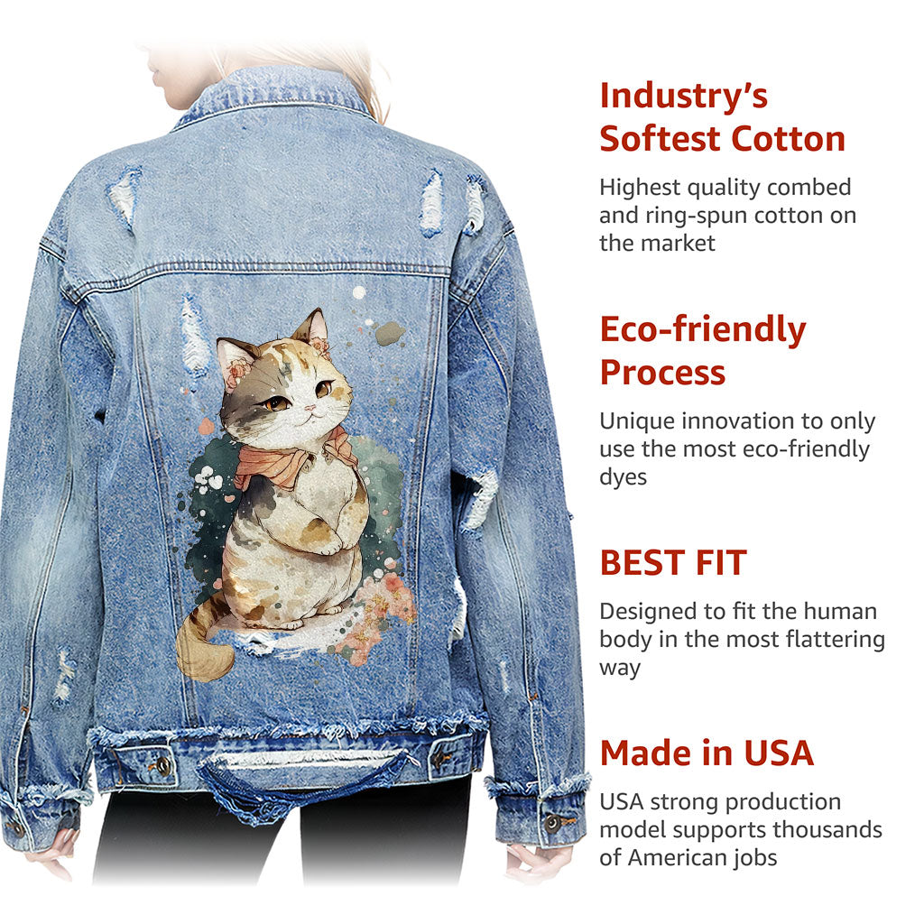 Kawaii Cat Women's Oversized Denim Jacket - Japanese Ladies Denim Jacket - Printed Denim Jacket