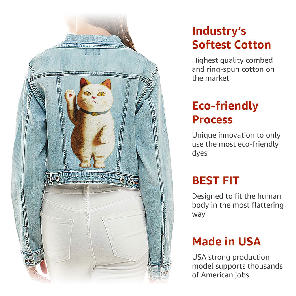 Japanese Cat Cropped Ladies' Denim Jacket - Cute Kawaii Women's Denim Jacket - Unique Denim Jacket