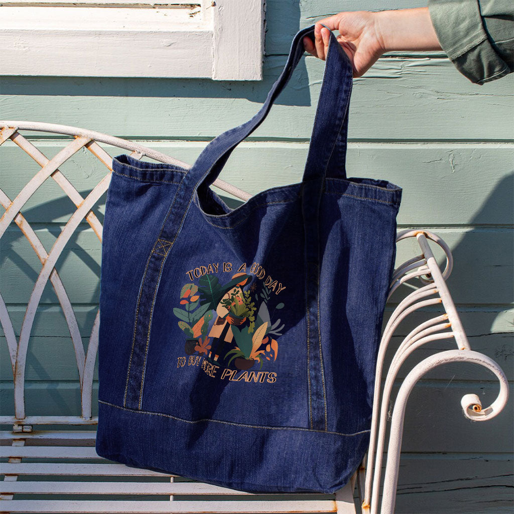 Plant Themed Denim Tote Bag - Floral Shopping Bag - Cool Tote Bag