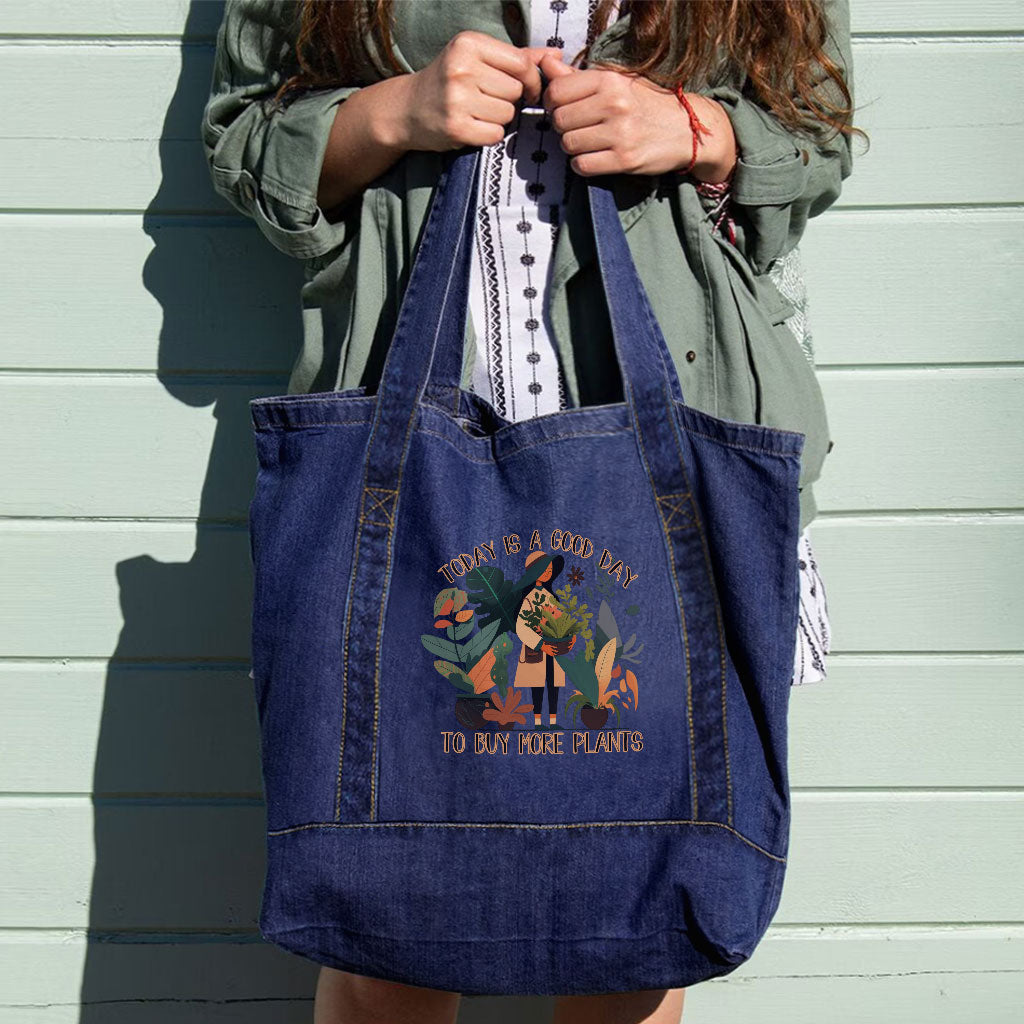 Plant Themed Denim Tote Bag - Floral Shopping Bag - Cool Tote Bag