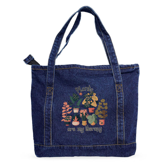 Plants Are My Therapy Denim Tote Bag - Plant Lover Shopping Bag - Cute Tote Bag