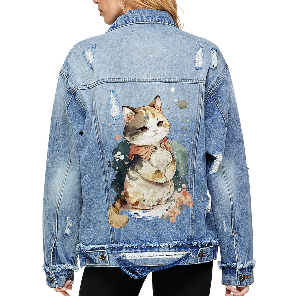 Kawaii Cat Women's Oversized Denim Jacket - Japanese Ladies Denim Jacket - Printed Denim Jacket