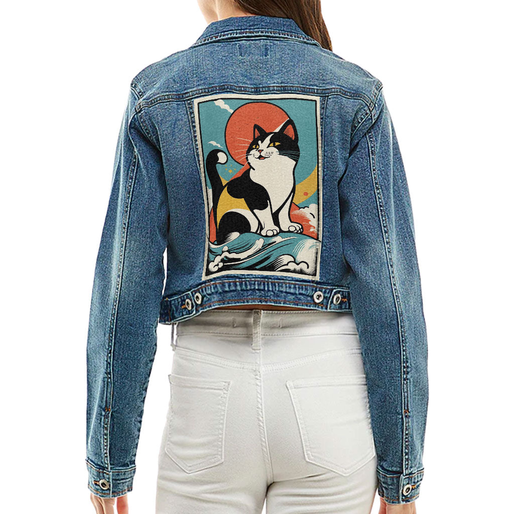 Happy Cat Cropped Ladies' Denim Jacket - Cartoon Women's Denim Jacket - Cute Denim Jacket