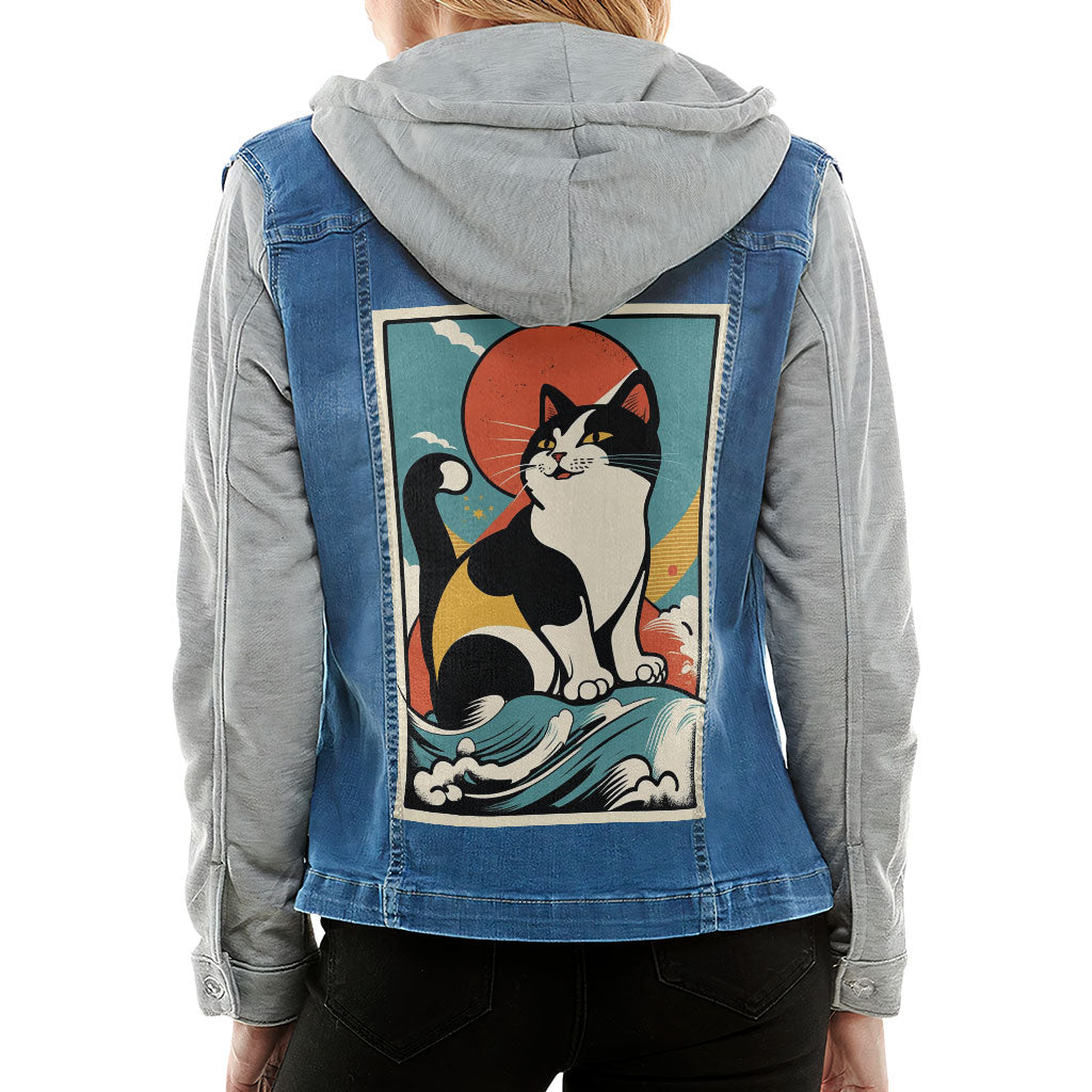 Happy Cat Ladies' Denim Jacket with Fleece Hoodie - Cartoon Women's Denim Jacket - Cute Denim Jacket