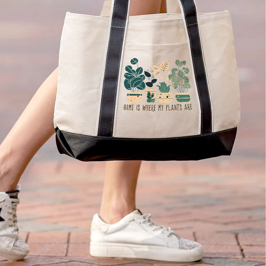 Plant Illustration Classic Boat Tote Bag - Quote Shopping Bag - Graphic Art Large Tote Bag