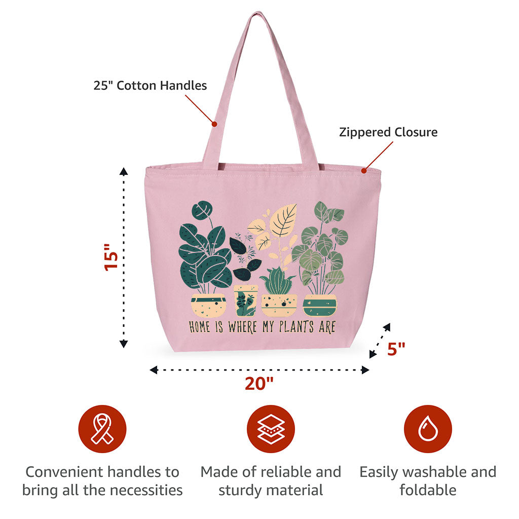 Plant Illustration Zippered Tote Bag - Quote Shopping Bag - Graphic Art Cloth Bag