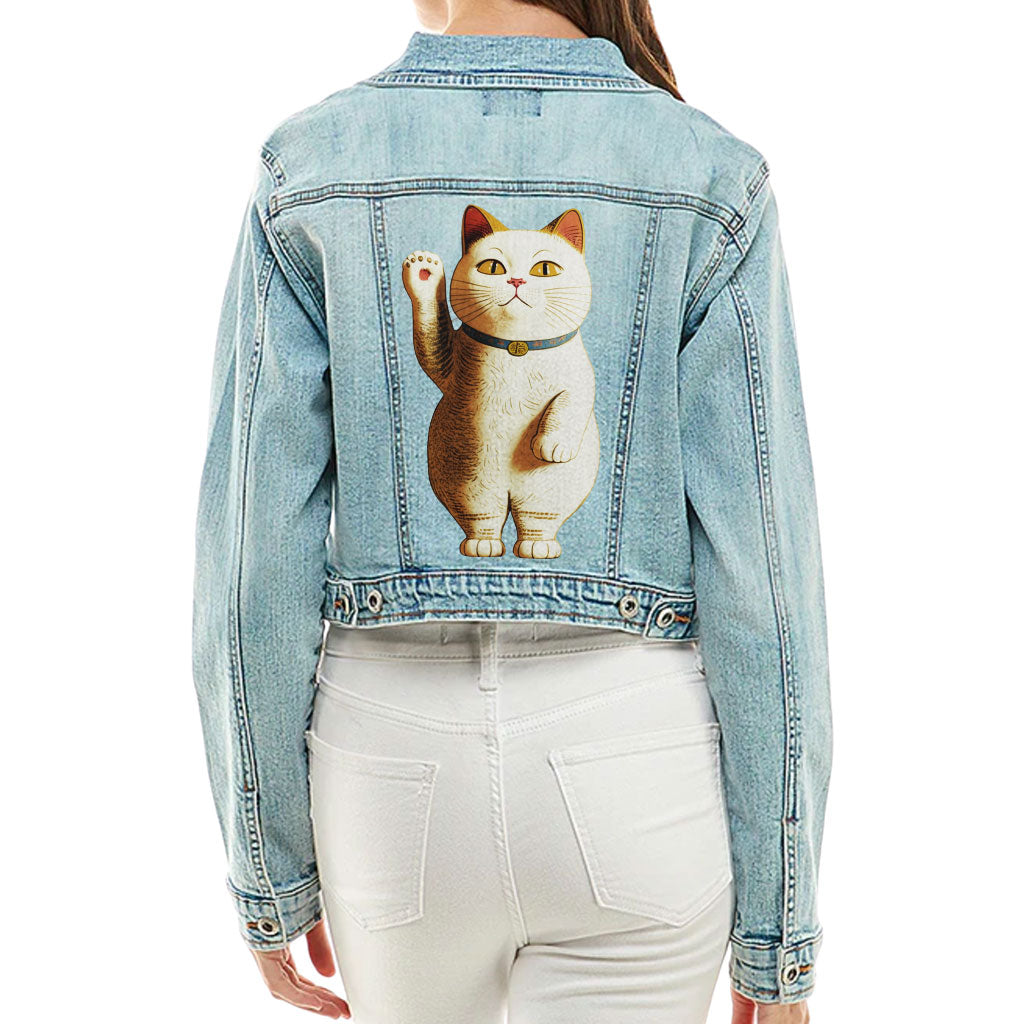 Japanese Cat Cropped Ladies' Denim Jacket - Cute Kawaii Women's Denim Jacket - Unique Denim Jacket