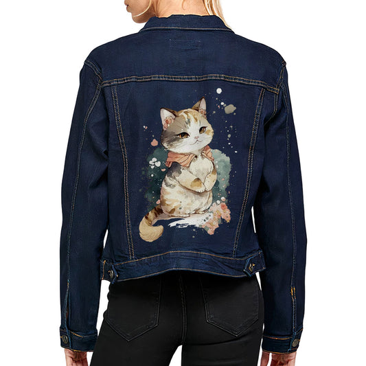 Kawaii Cat Women's Denim Jacket - Japanese Ladies Denim Jacket - Printed Denim Jacket