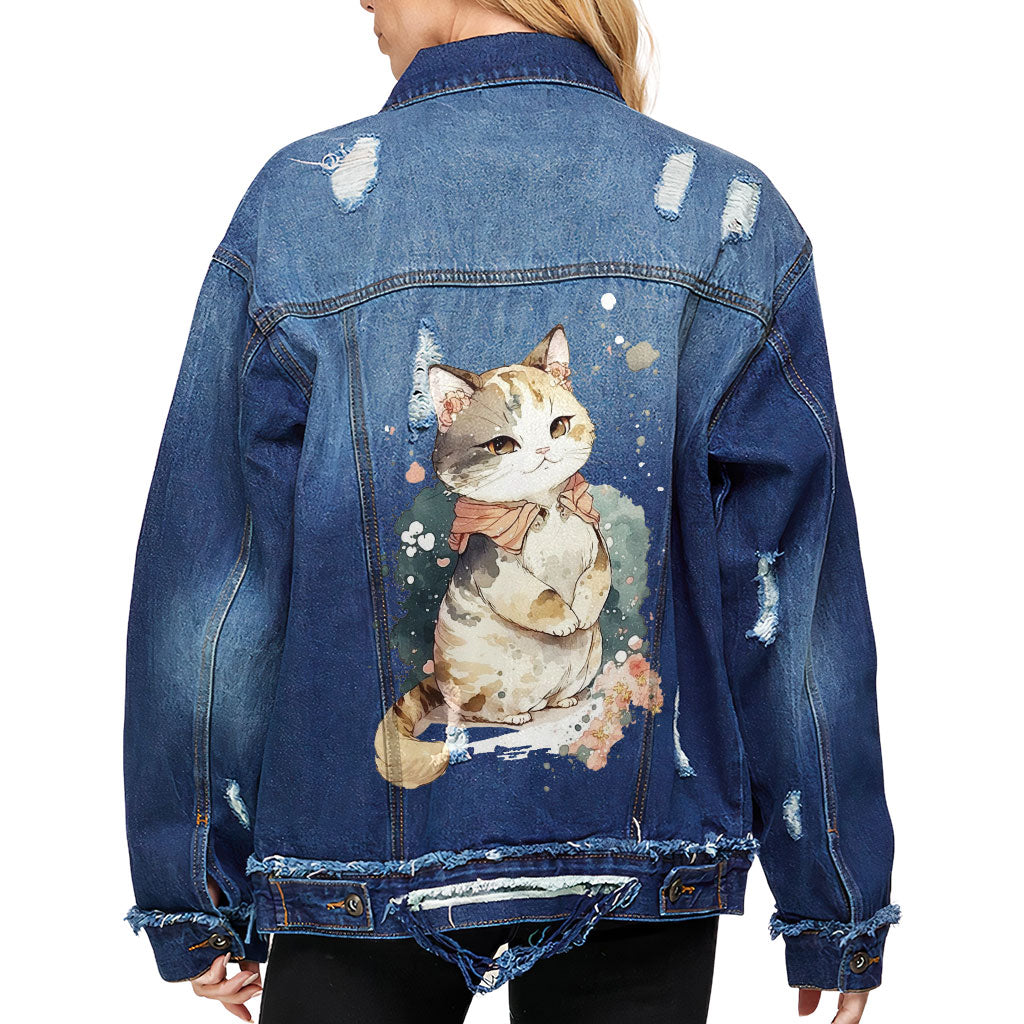 Kawaii Cat Women's Oversized Denim Jacket - Japanese Ladies Denim Jacket - Printed Denim Jacket