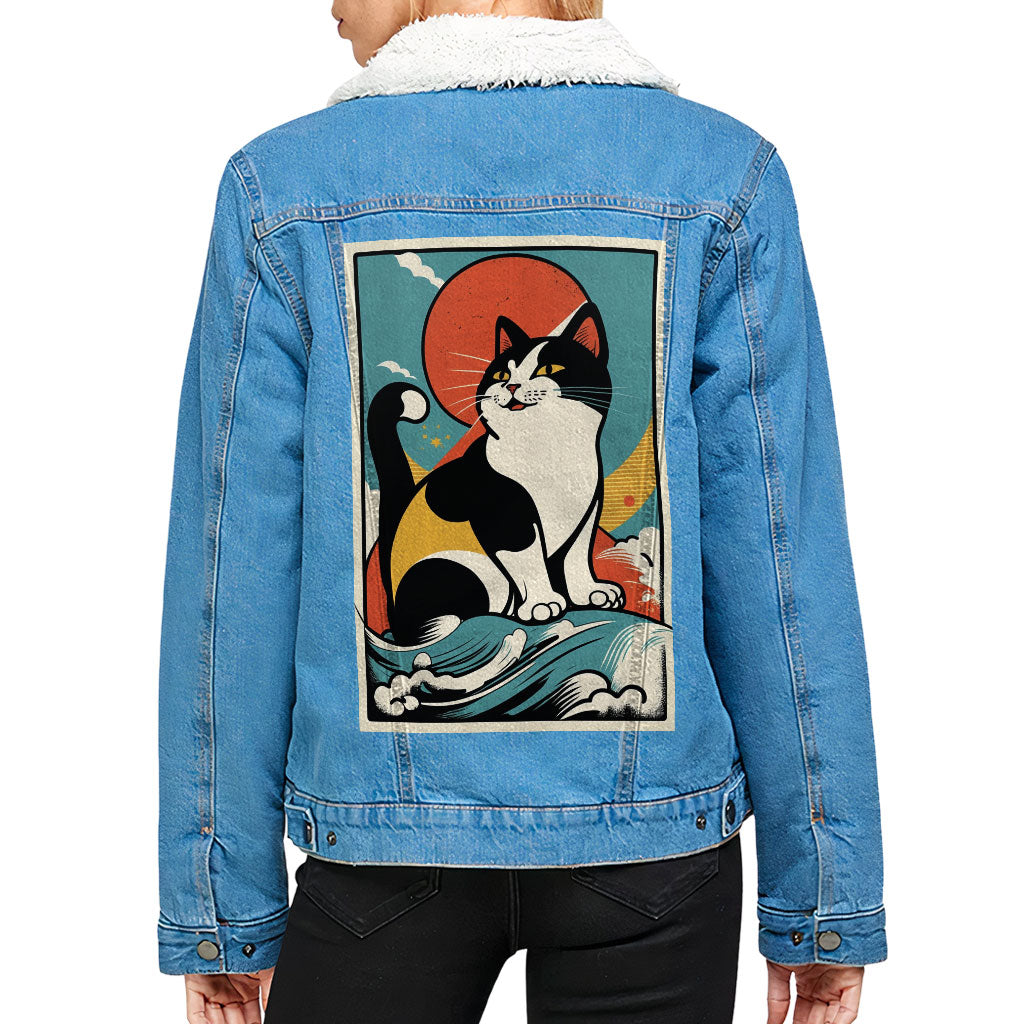 Happy Cat Women's Sherpa Denim Jacket - Cartoon Ladies Denim Jacket - Cute Denim Jacket