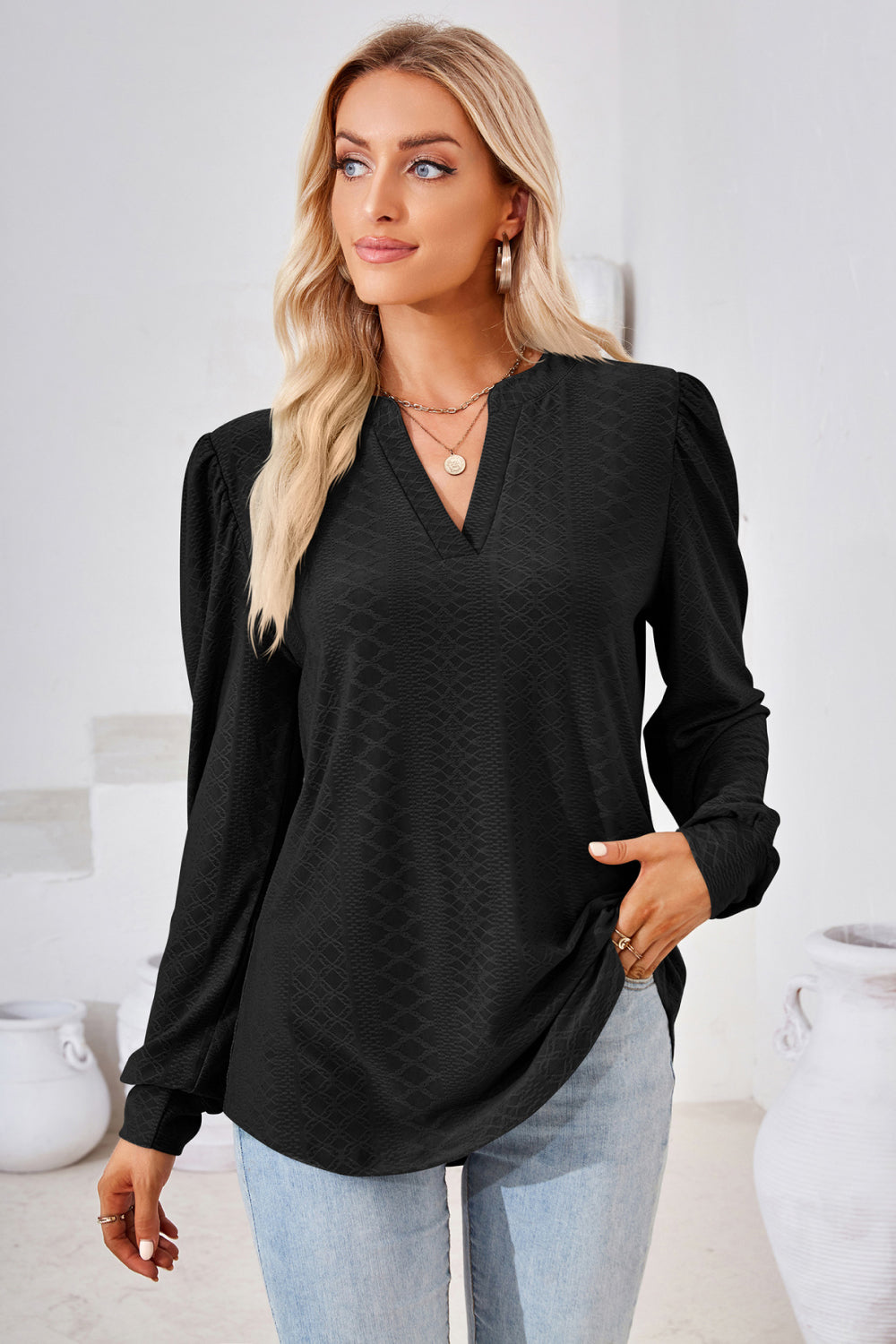 V-Neck Puff Sleeve Blouse