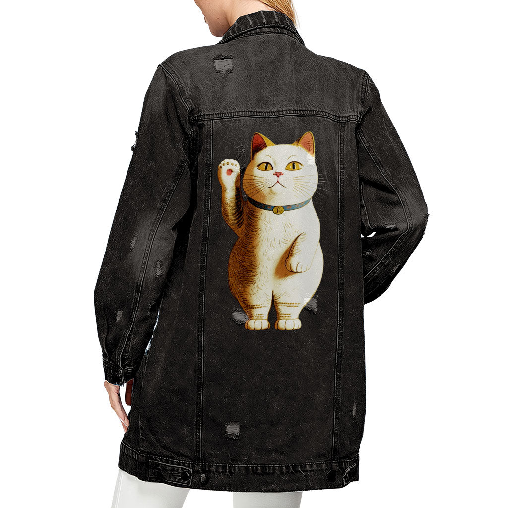 Japanese Cat Ladies' Denim Jacket - Cute Kawaii Women's Denim Jacket - Unique Denim Jacket