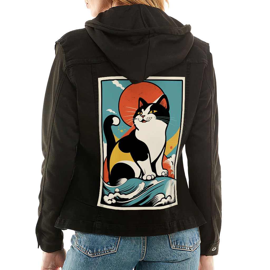 Happy Cat Ladies' Denim Jacket with Fleece Hoodie - Cartoon Women's Denim Jacket - Cute Denim Jacket