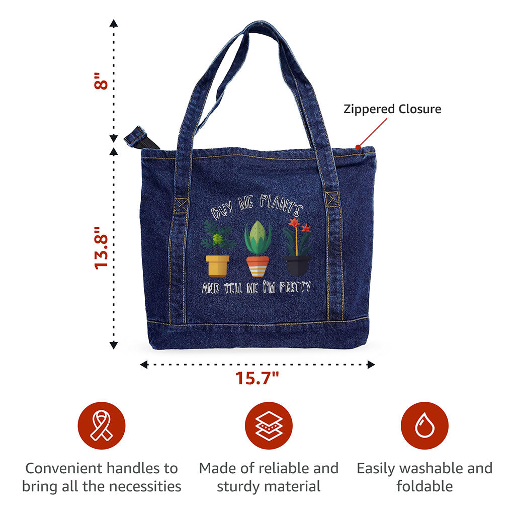 Plant Design Denim Tote Bag - Funny Quote Shopping Bag - Graphic Tote Bag