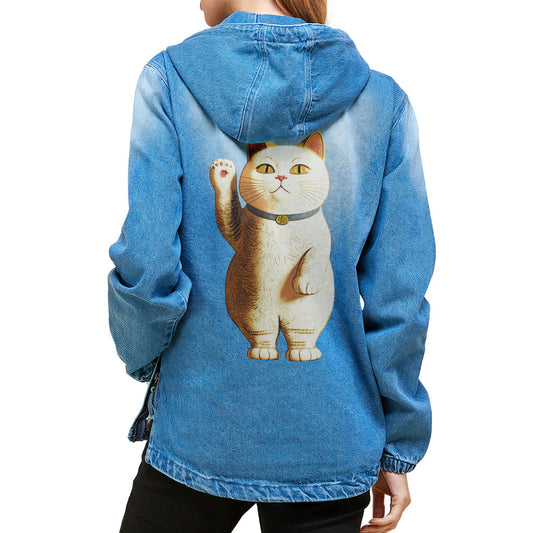 Japanese Cat Women's Denim Jacket with Hoodie - Cute Kawaii Ladies Denim Jacket - Unique Denim Jacket