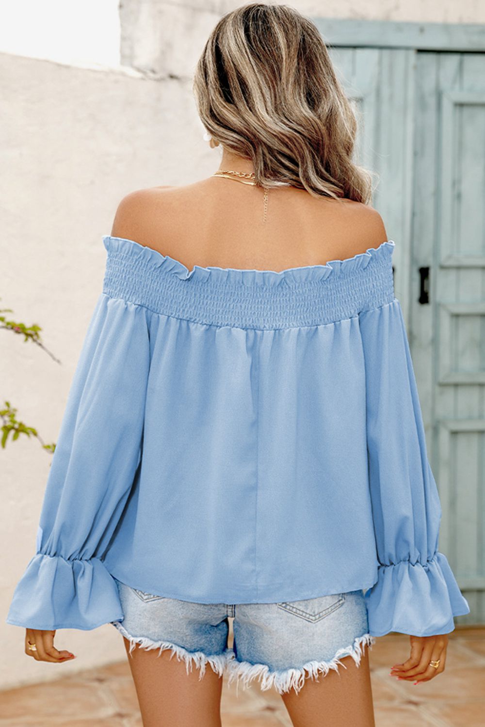 Off-Shoulder Flare Sleeve Smocked Neck Blouse