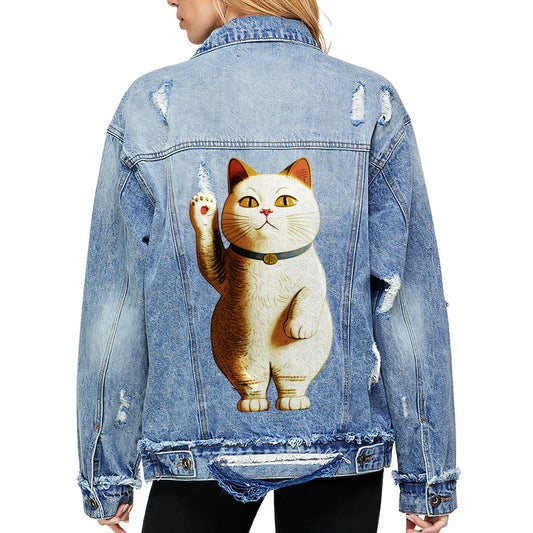 Japanese Cat Women's Oversized Denim Jacket - Cute Kawaii Ladies Denim Jacket - Unique Denim Jacket